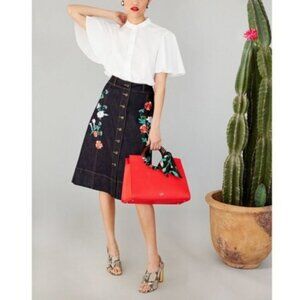 Kate Spade Floral Embroidered Denim Midi Skirt; Size 12